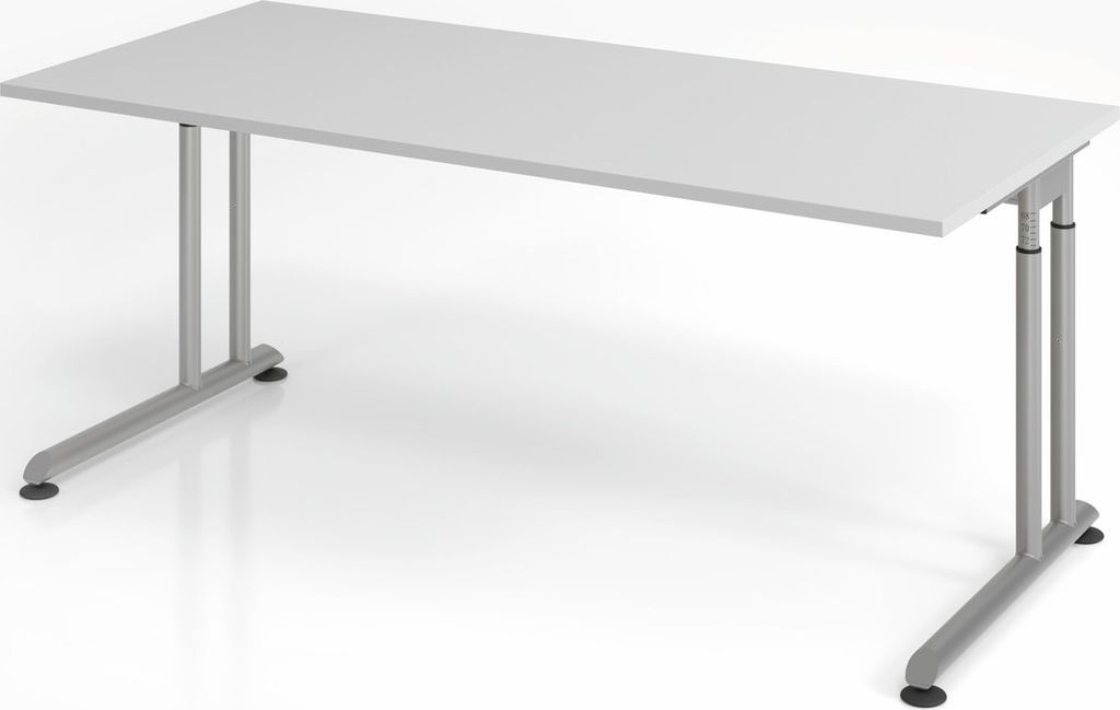 Schreibtisch Nilo | Grau | Silber Gestell | BxT 180x80cm | Arbeitshöhe 68-82cm | höhenjustierbar, 1cm Raster | C-Fuß-Gestell | Rechteckform