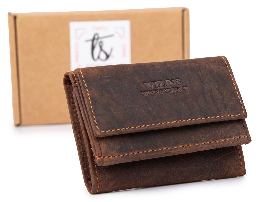 WILD Damen Herren Geldbörse Portemonnaie Echtleder klein Vintage Dunkelbraun