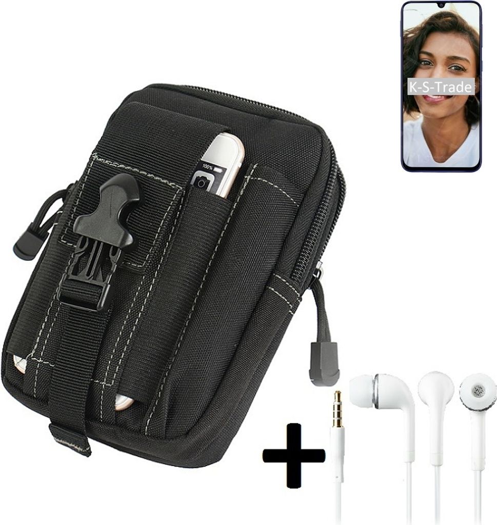 K-S-Trade Gürteltache + Kopfhörer kompatibel mit Samsung Galaxy M21 Gürtel Tasche Holster Schutz Hülle Handy Hülle schwarz inkl. Extrafächer