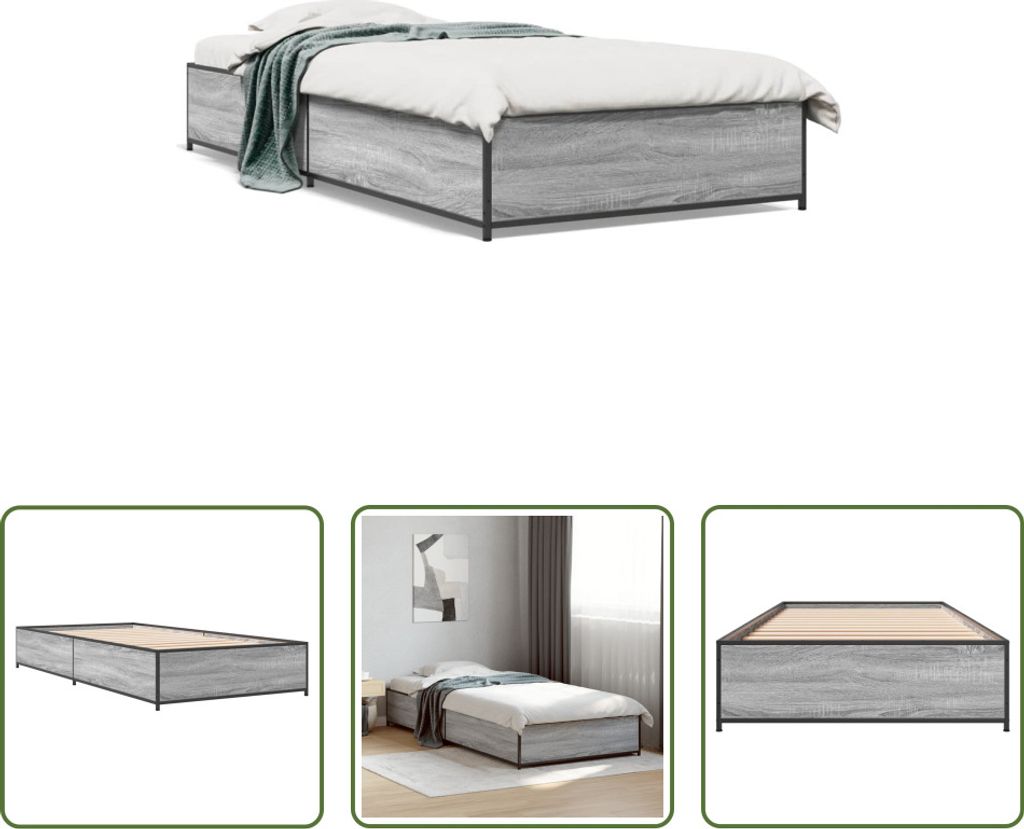 The Living Store Bettgestell Grau Sonoma 90x190 cm Holzwerkstoff und Metall