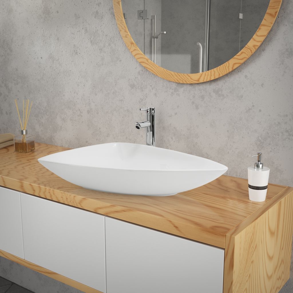 LuxeBath Waschbecken Aufsatzwaschbecken Dreieckig, 69x46x13 cm, Weiß glänzend, aus Keramik