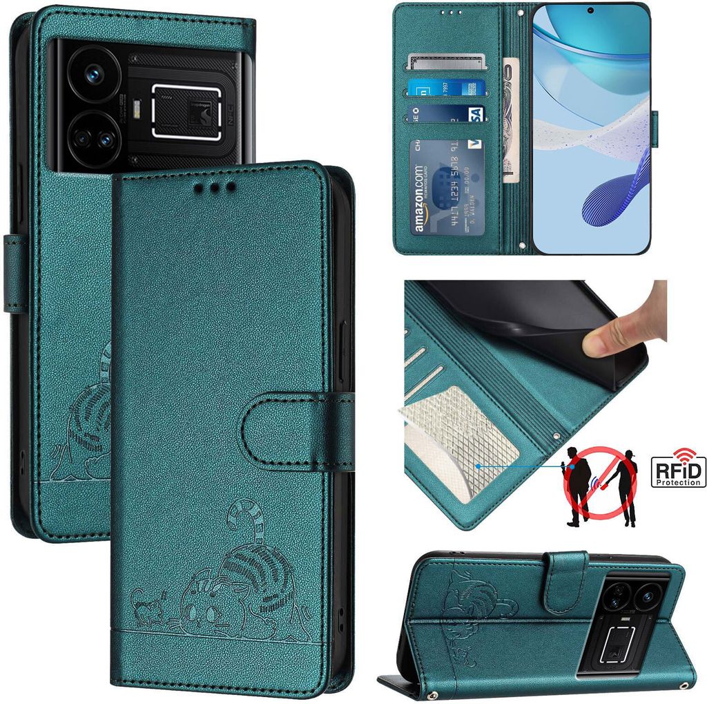 Leder Hülle für Realme GT 5G/Realme GT Neo 5G Süße Katze Flip Case Brieftasche Schutzhülle mit Standfunktion Grün