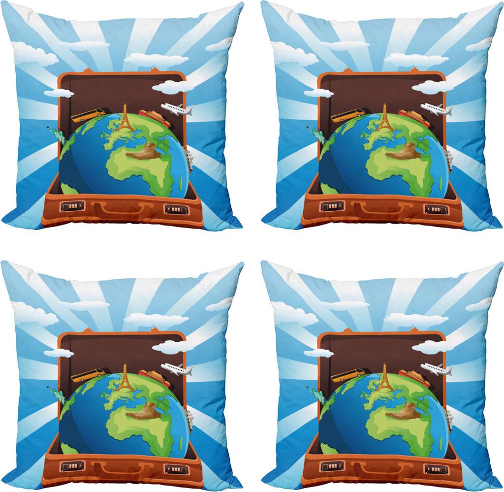 ABAKUHAUS Reise Kissenbezug Set (4 Stück), Globe in einem Urlaub Koffer, Moderner Doppelseitiger Digitaldruck, 40 cm x 40 cm, Mehrfarbig