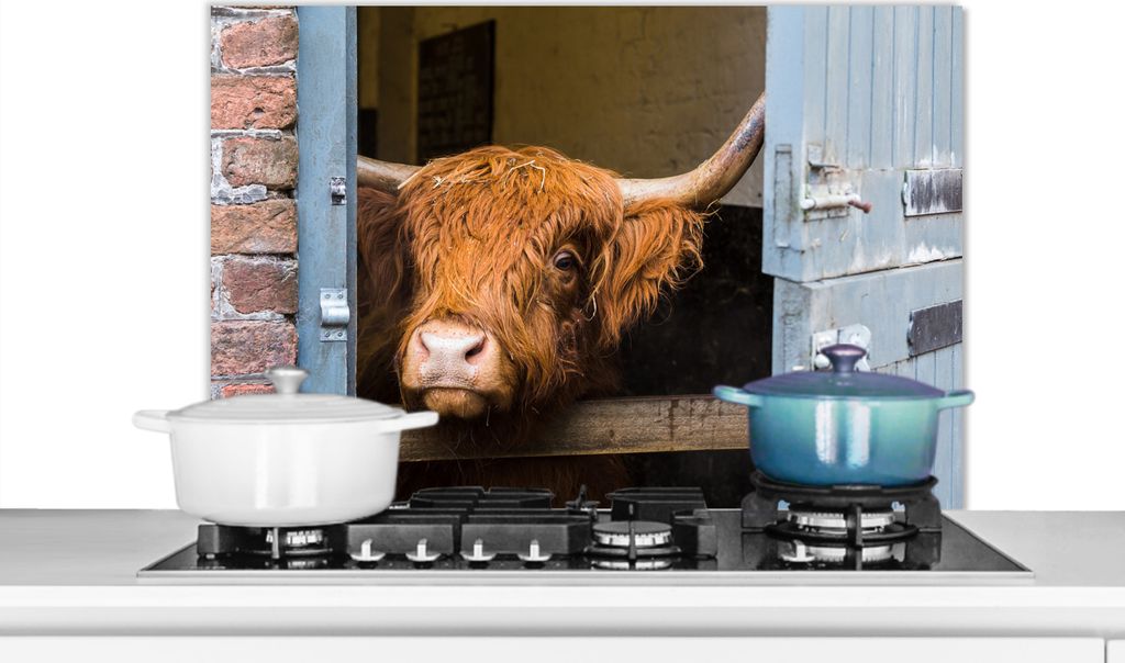 KitchenYeah Spritzschutz Küche - Küchenrückwand - Wandschutz für Herd und Spüle - Schottisches Hochlandrind - Bauernhaus - Scheune 80x55 - ...