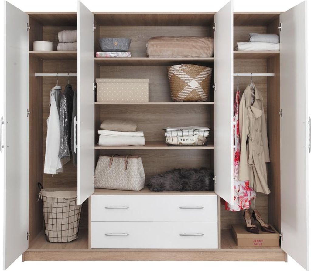 MobelZet, Kleiderschrank SMART 01, Schlafzimmerschrank, Drehtürenschrank, Weiß + Sonoma