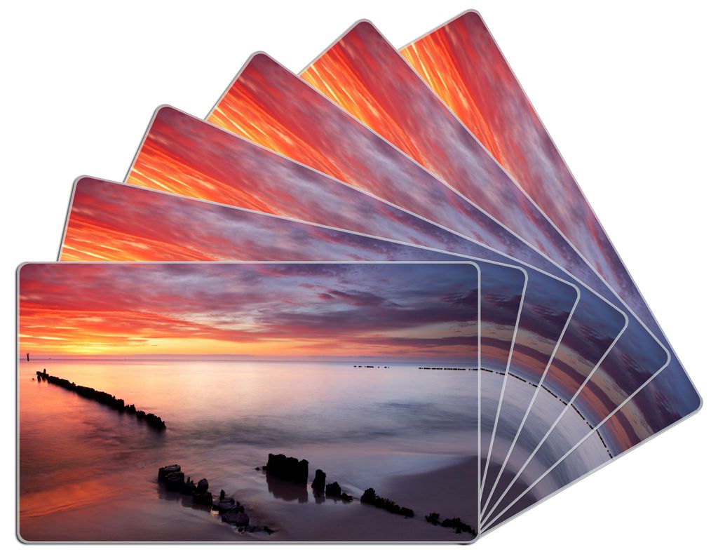 Wallario Frühstücksbrettchen 6er Set aus Glas, je 14 x 23 cm, mit rutschfesten Füßen, Motiv Sandstrand im Sonnenuntergang - Roter Himmel