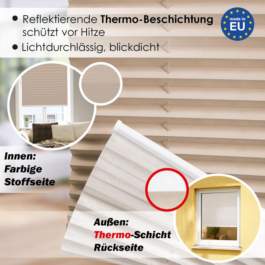 Premium Thermo Plissee lichtdurchlässig, Sandbeige, 100x130 Produktbild 
