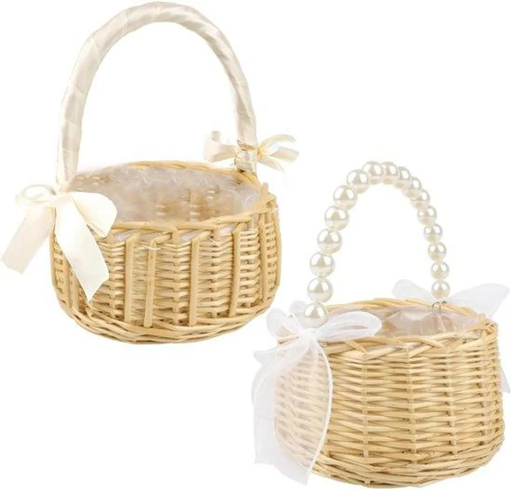 Panier de mariage en osier naturel et anses perlées décoratives 25cm