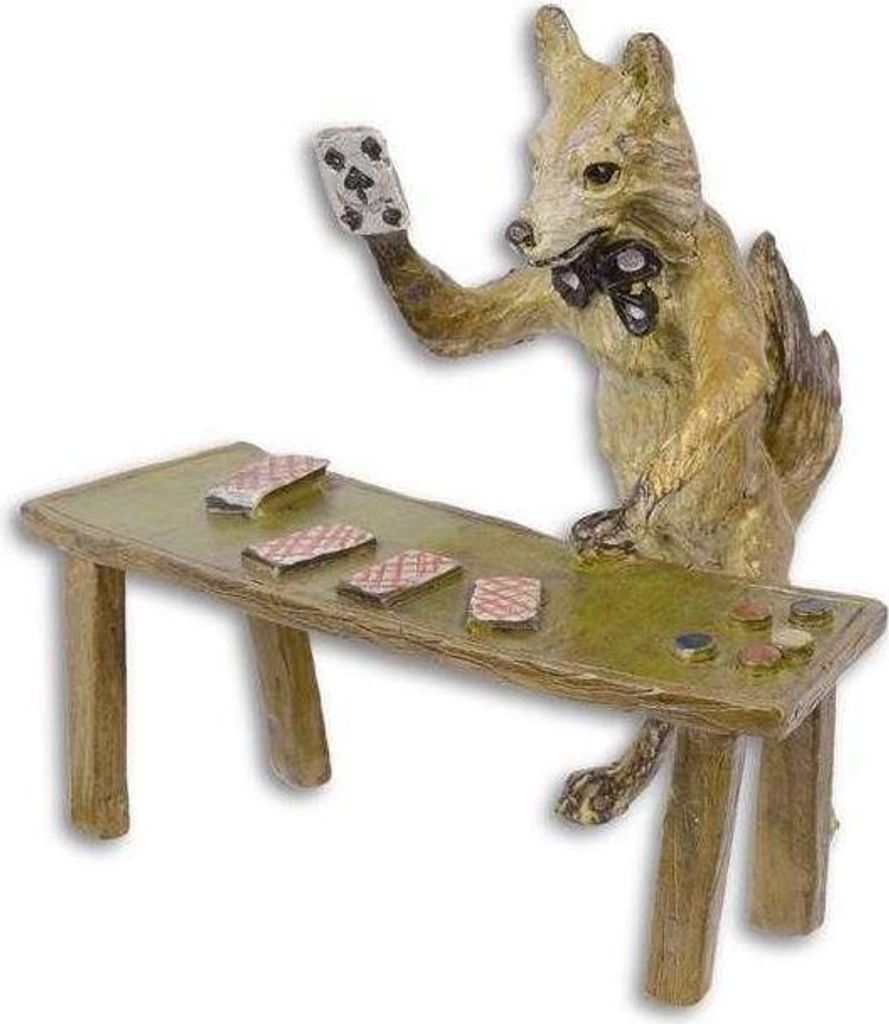 Bronzeskulptur Bronzefigur Fuchs Spielt Karten