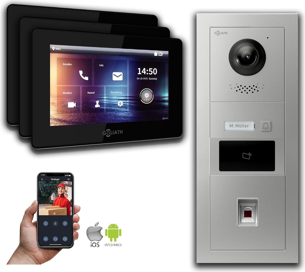 Türsprechanlage mit Kamera Goliath IP 2-Draht 3-Monitor Fingerprint RFID : Unterputzdose : 7 Zoll in Schwarz Türklingel Montagedose: Unterputzdos...