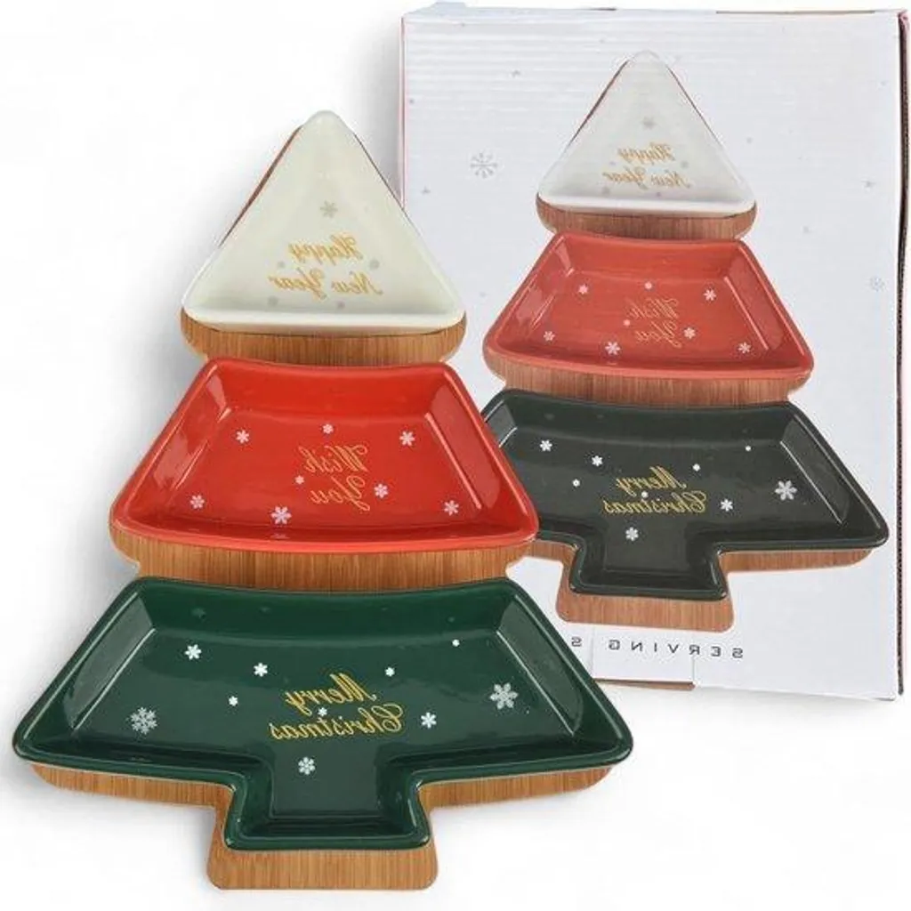 Plateau Apéro Sapin Céramique et Bois - Ensemble Déco Table Noël