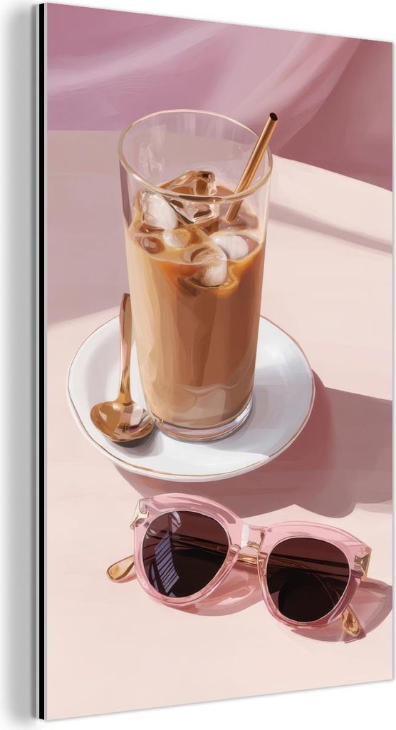 MuchoWow Wanddekoration Metall Metallbild Wandkunst 100x150 cm Eiskaffee - Sonnenbrille - Gold MuchoWow Aluminium Gemälde - Bild