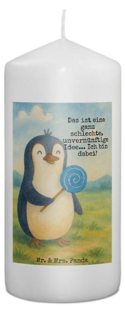 Mr. & Mrs. Panda Kerze Pinguin Lolli Design 15 x 7 cm - Weiß - Geschenk, Blockkerze, Unvernünftig, Süßigkeiten, Stumpenkerze, Wachskerze, Pingu...