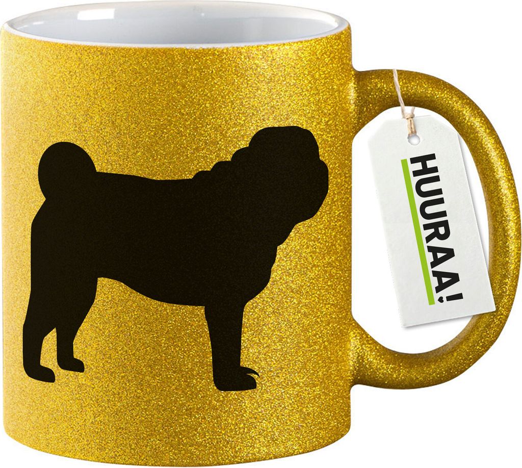 Huuraa Glitzertasse Mops Silhouette 330ml Gold Keramik Kaffeebecher Geschenkidee