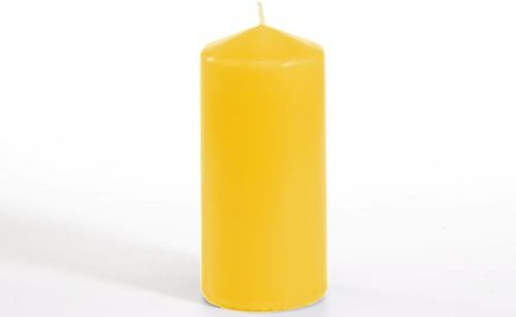 PAPSTAR Stumpenkerze Ø 60 mm, 130 mm, goldgelb, dekorativ | Schrumpffolie (1 Stück)