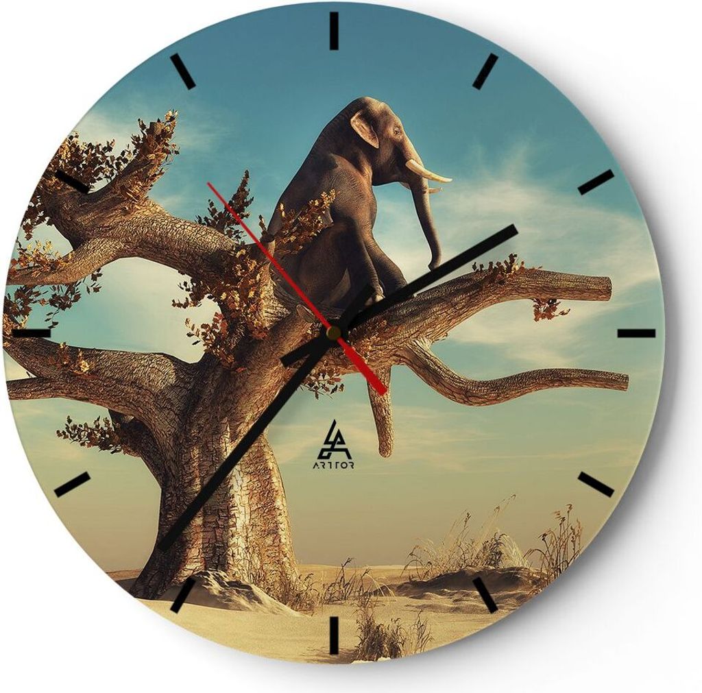 Wanduhr - Rund - Glasuhr - Sitzen Elefant Baum - 40x40cm - Schleichendes Uhrwerk - Lautlos - zum Aufhängen bereit - Dekoration Modern - Wanddekora...