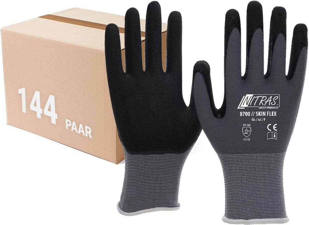NITRAS Skin-Flex Strickhandschuhe 8700- 144 Paar - hohes Tastempfinden, Montagearbeiten, hervorragender Nass- und Trockengriff Größe:10
