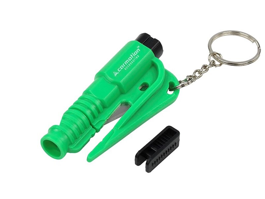 A green safety hammer and seatbelt cutter keychain is shown on a white background.