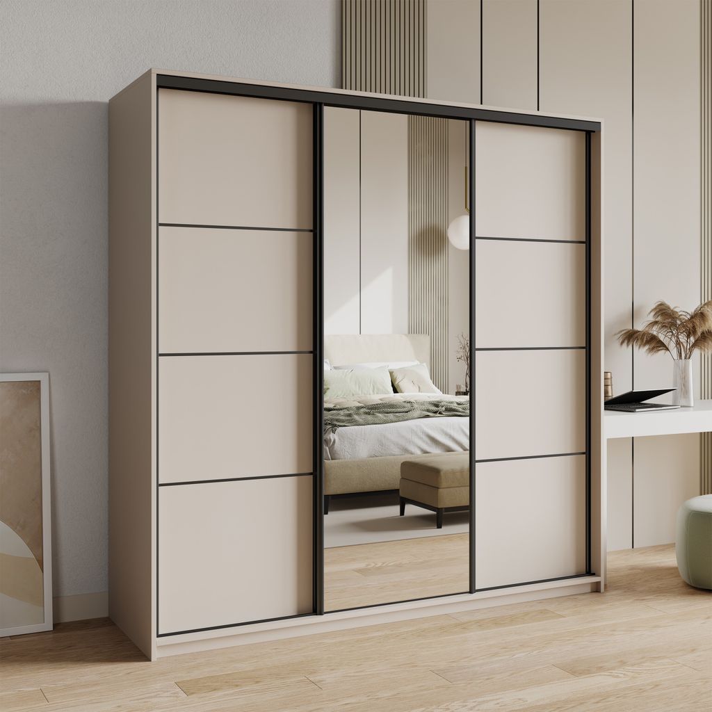 Masseno Schiebetürenschrank VARO 200/205/60 cm Kleiderschrank mit Schubladen Schlafzimmer Schrank 3-türig mit Spiegel Kaschmir + Schwarz