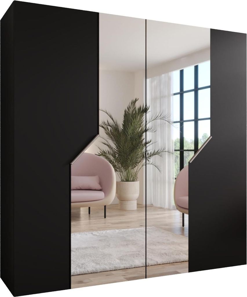 MEBLE KRYSPOL Schrank 200x202x52 cm mit Kleiderstange & Spiegel, 4xTür, ANDREW, Schwarz, Griff Kaschmir