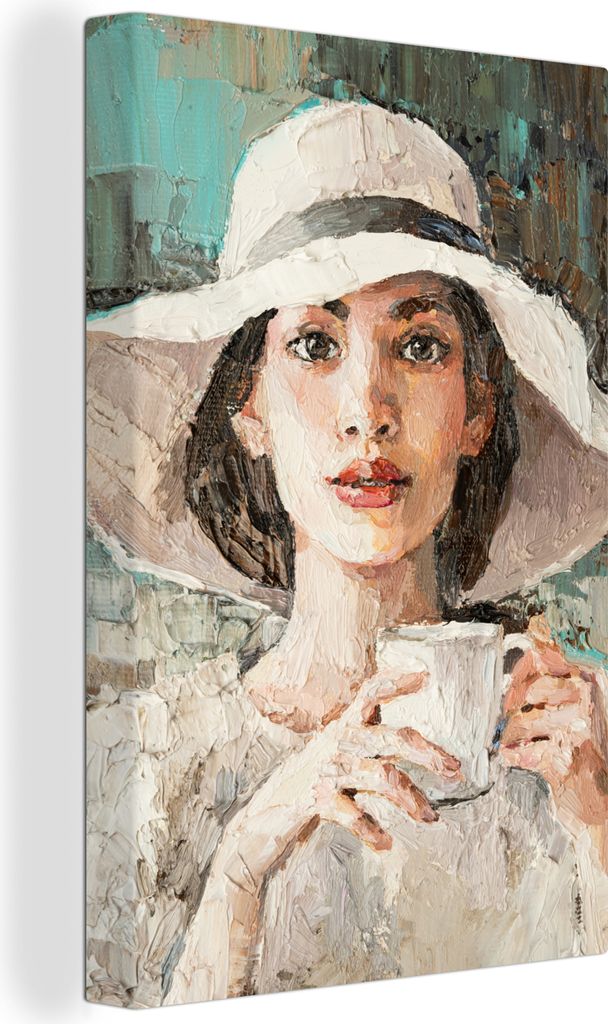 OneMillionCanvasses - Leinwandbilder - 90x140 cm, Gemälde - Ölfarbe - Frau - Kaffee - Hut, Wandbilder Kunstdruck Wanddekoration - Foto auf Lein...