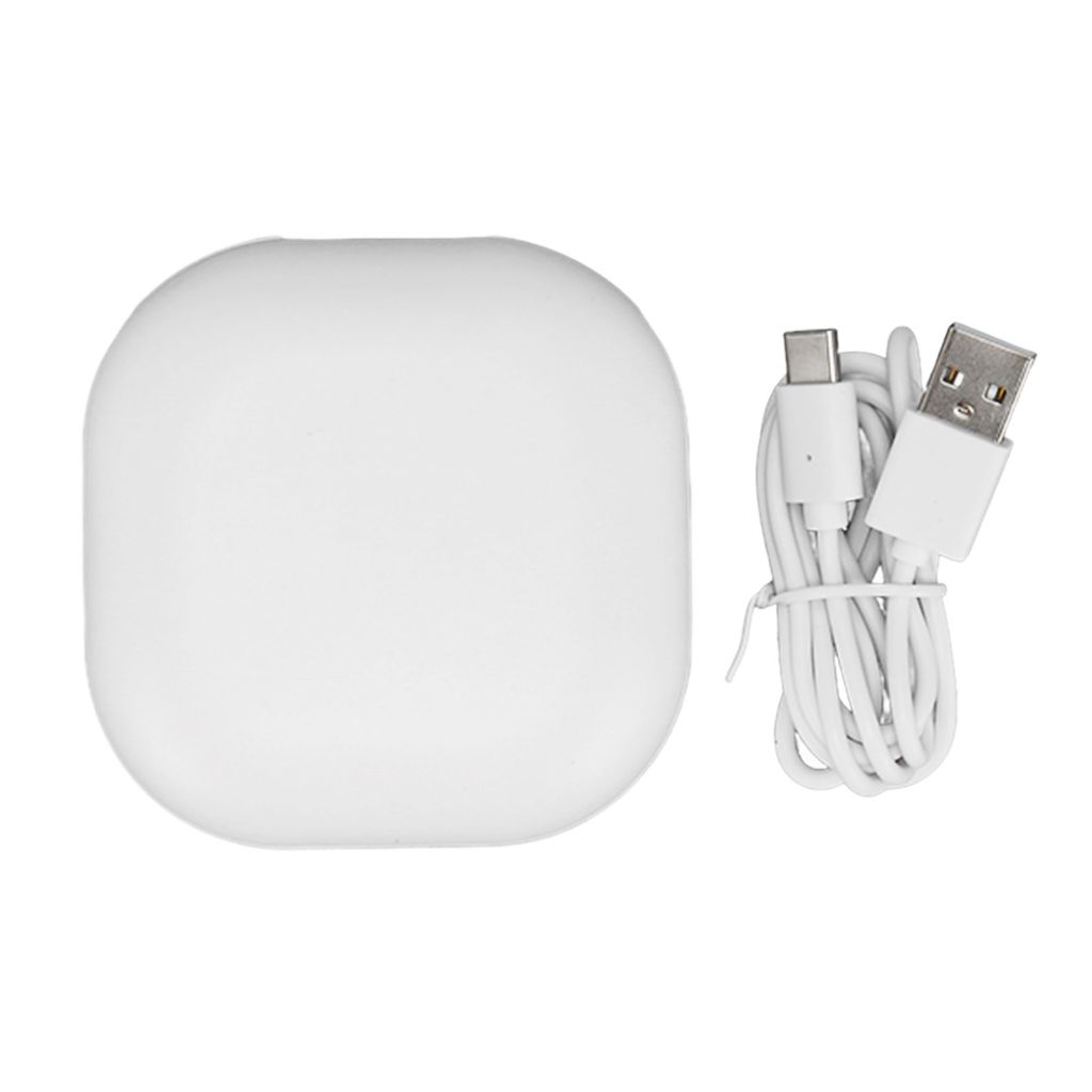A white charging case and a white USB-C charging cable are displayed on a white background.