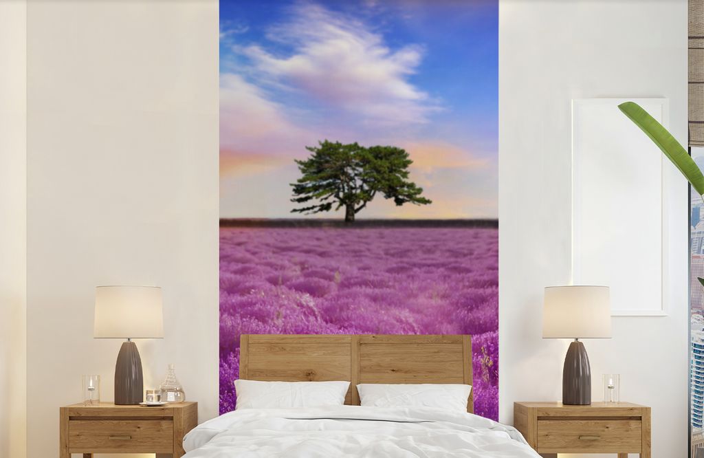 MuchoWow Fototapete für Wohnzimmer oder Schlafzimmer Wandtapete Vinyl Motivtapete Lavendel - Baum - Sonnenuntergang - Lila - 120x240 cm - Hinter...