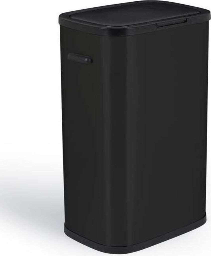 A black trash can with a lid and a handle on a white background.