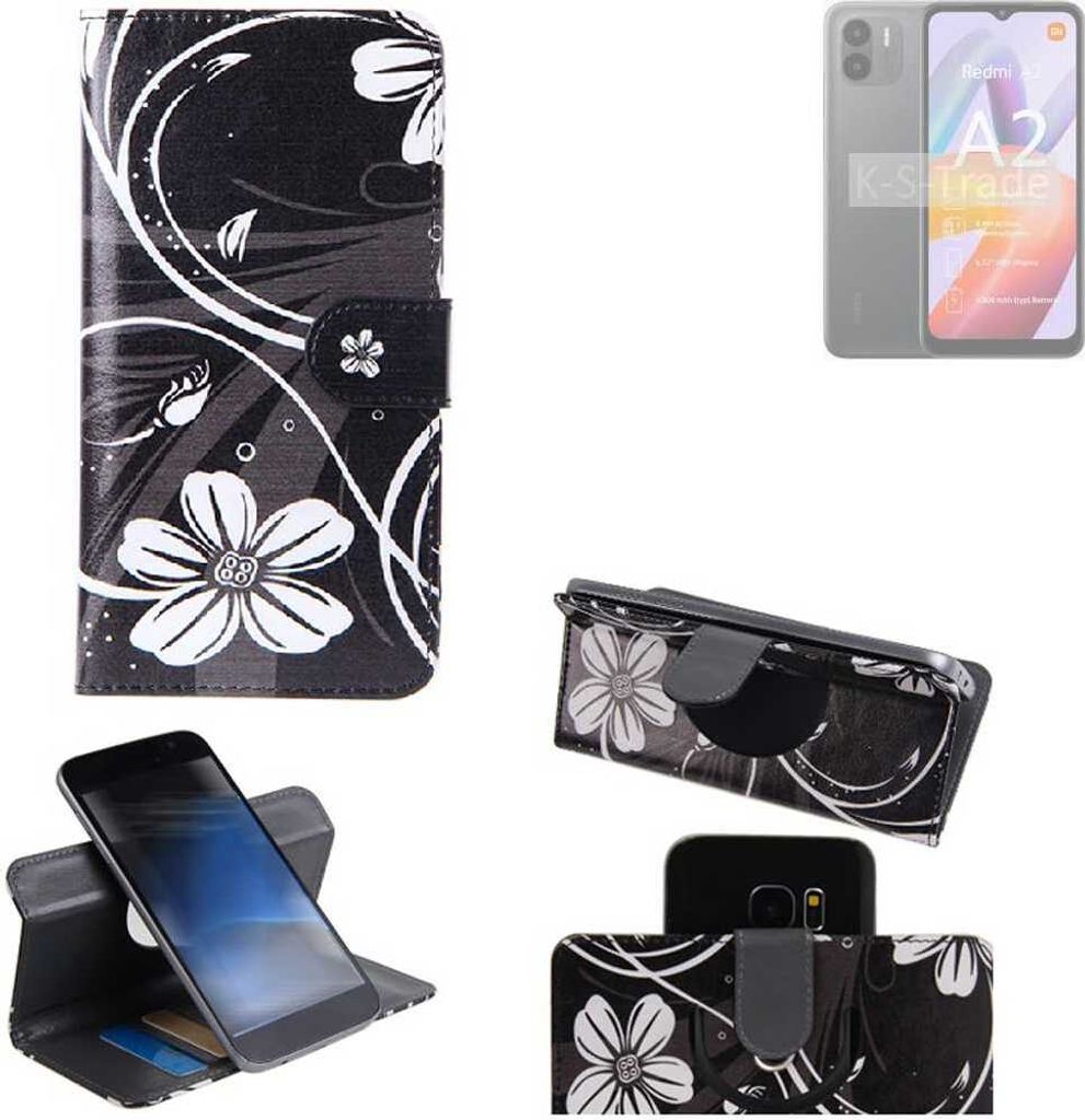 K-S-Trade Schutzhülle Handyhülle kompatibel mit Xiaomi Redmi A2 Hülle 360° Wallet Case “Flowers“ Klapphülle Hülle schwarz-weiß 1x