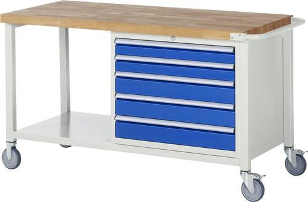 Mobile Werkbank mit Ablageboden - 5 XL Schubladen - Vollauszug - 90:2 / 120:3 - 880 x 1.500 x 700 mm (HxBxT) - Traglast 450 kg - Buche