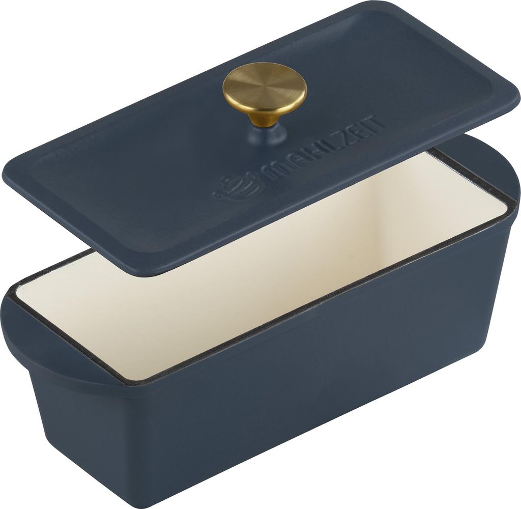 A blue cast iron loaf pan with a lid, shown from a slightly elevated angle.