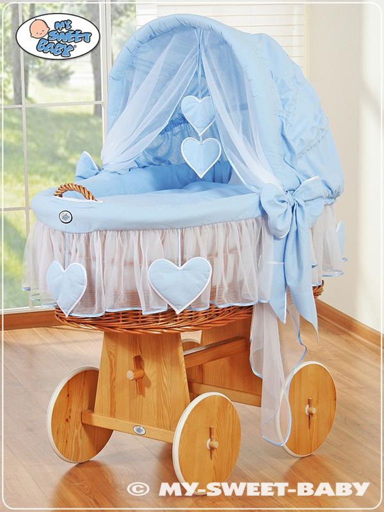 MY SWEET BABY Babybett Naturfaser Blau mit Verstellbarem Dach und Premium Matratze