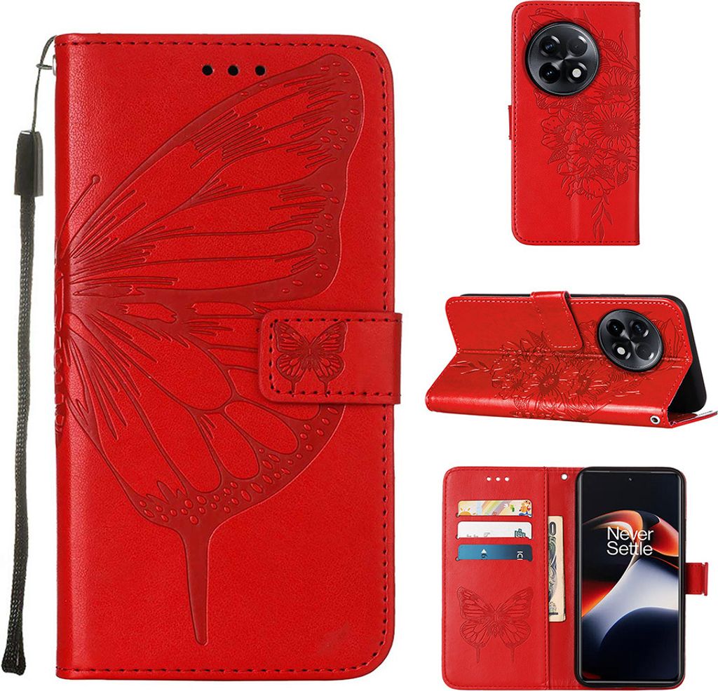 Lederhülle für OnePlus 11R / Ace 2 Schmetterling Prägung Flip Ledertasche Kartenfächer Handyhülle mit Ständer Rot
