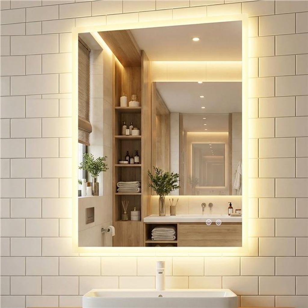 A well-lit bathroom with a mirror, sink, and shelving.