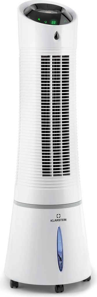A white tower fan with a water tank.