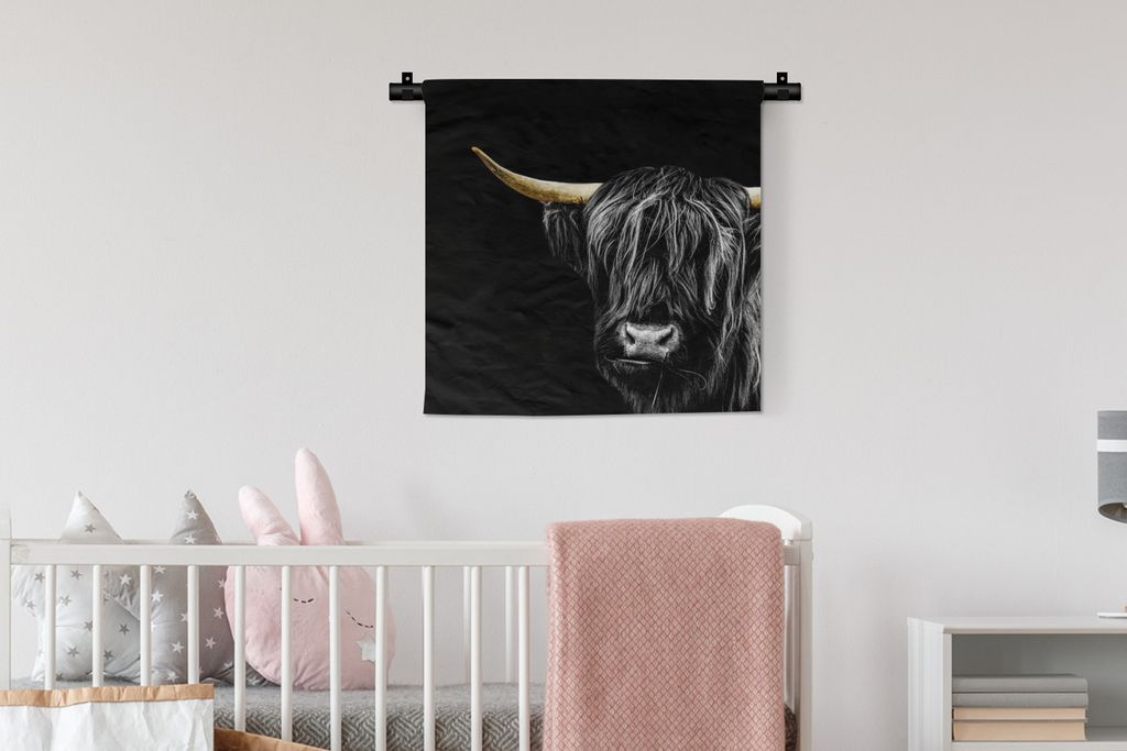 MuchoWow Wandteppich Wandbehang Schottischer Highlander - Goldene Hörner 60x60 cm Tapisserie Dekoration Wandtuch - Dekorationen - Wand Decke