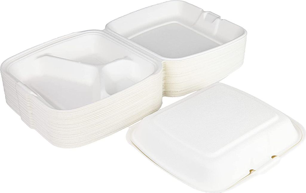 Love Nature Ökologische Menübox 3 Geteilt 50 Stück - Naturalgeschirr Zuckerrohr - Menübox - Take Away Verpackung - To Go Verpackungen Essen