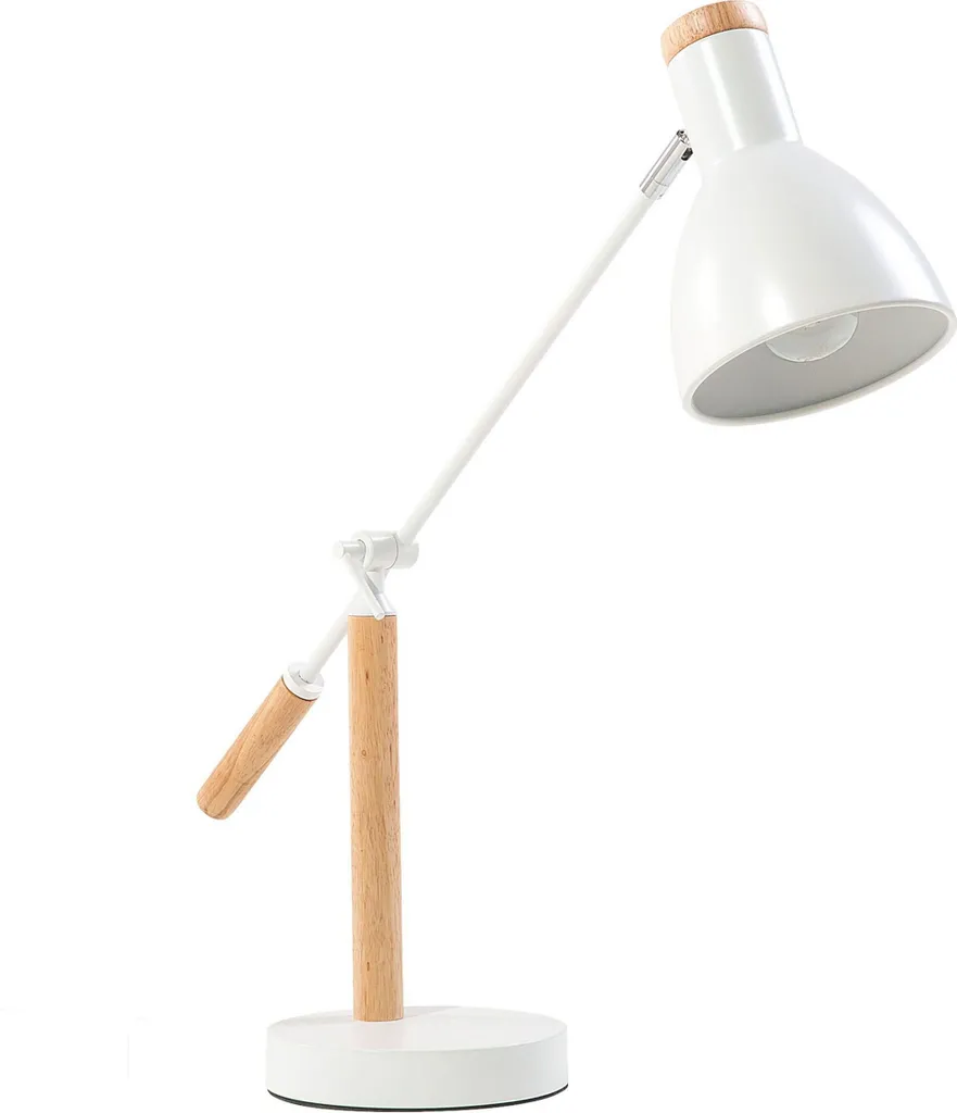 Lampe de bureau pour lecture et travail métal blanc bois réglable indus