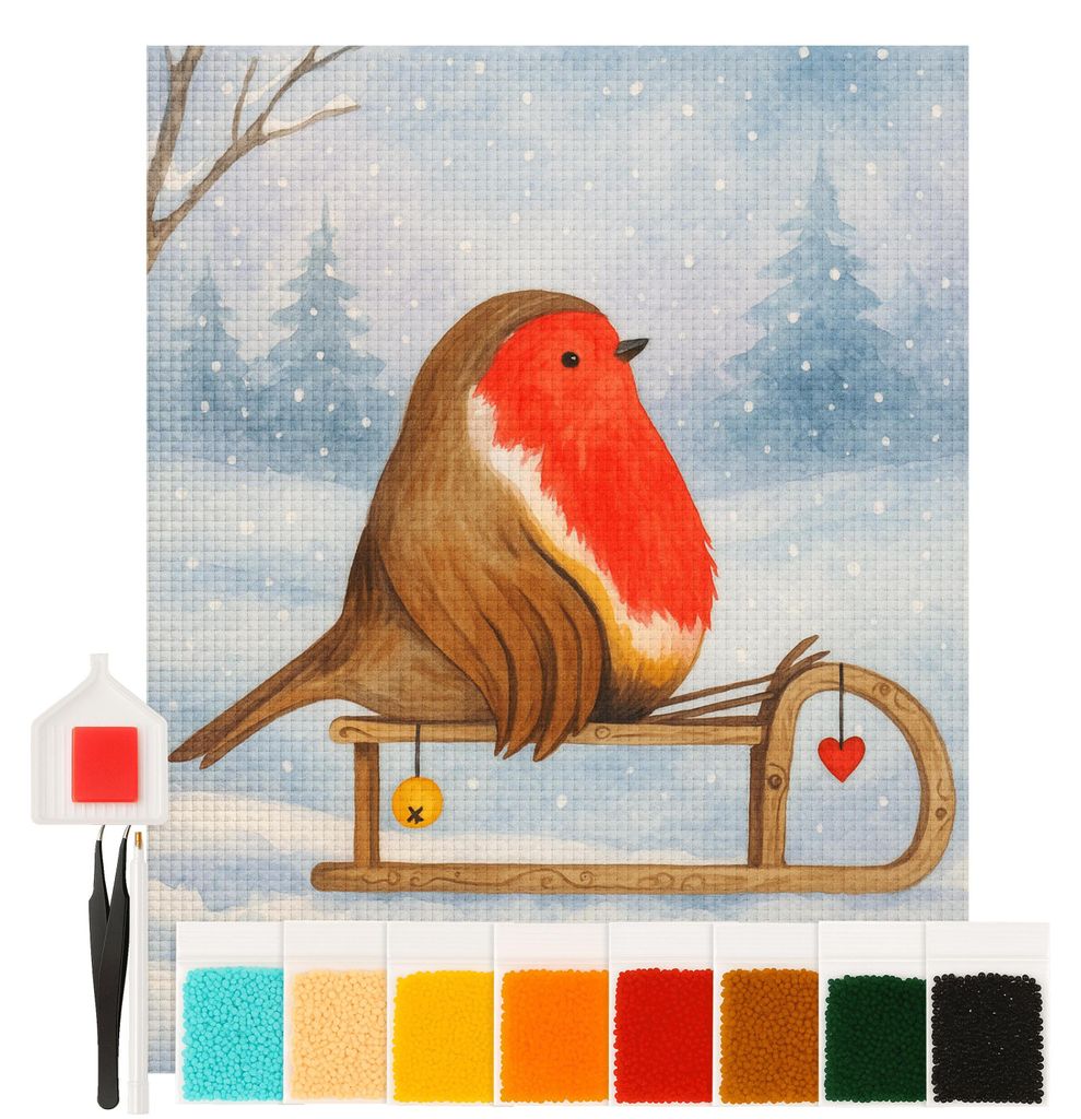 Mr. & Mrs. Panda Diamond Painting Rotkehlchen Schlitten Design 40 x 50 cm Mit Rahmen - Weiß - Geschenk, diamant bilder, Weihnachten, diy, mosaik, ...