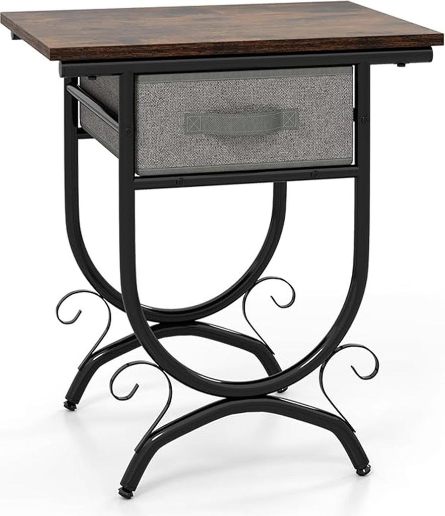 Beistelltisch, Nachttisch mit Stoffschublade, 2-stöckiger Sofa-Beistelltisch mit Holzplatte und Metallrahmen, Akzent-Displaytisch, Nachttisch, Braun