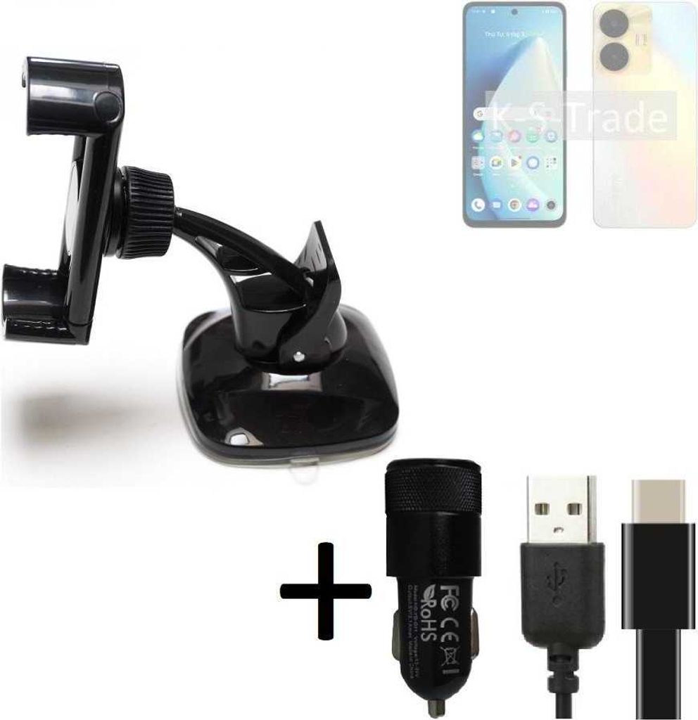 K-S-Trade Handy-Halterung kompatibel mit Realme C55 Windschutzscheibe / Armaturenbrett + LADEGERÄT mit Mico USB Kabel Autohalterung