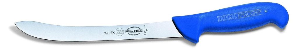 A professional studio shot of a blue-handled filleting knife against a white background.