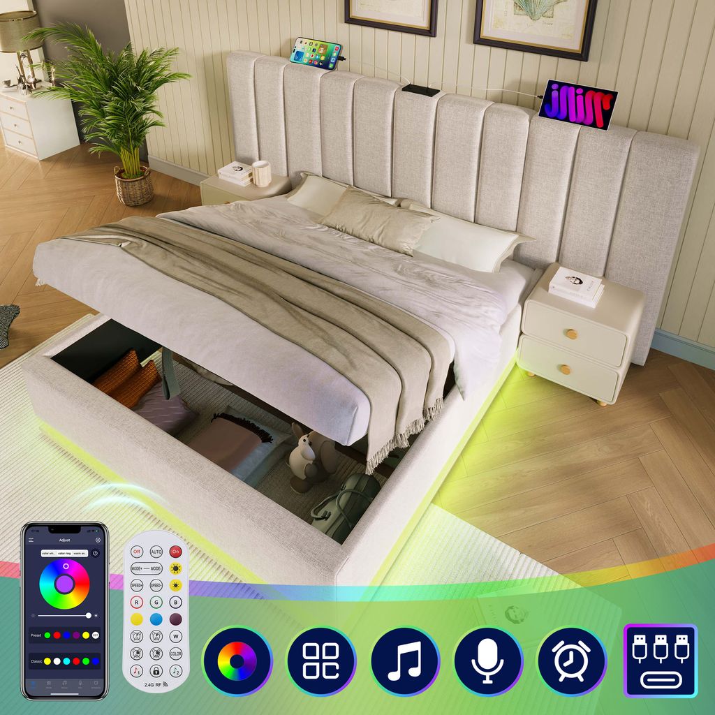 okwish Bett Polsterbett 180×200, smartes Doppelbett, Multi-Device-Ladefunktion, mit LED- und USB-C-Ladefunktion, Lattenrost, Leinen, Beige, ohne M...