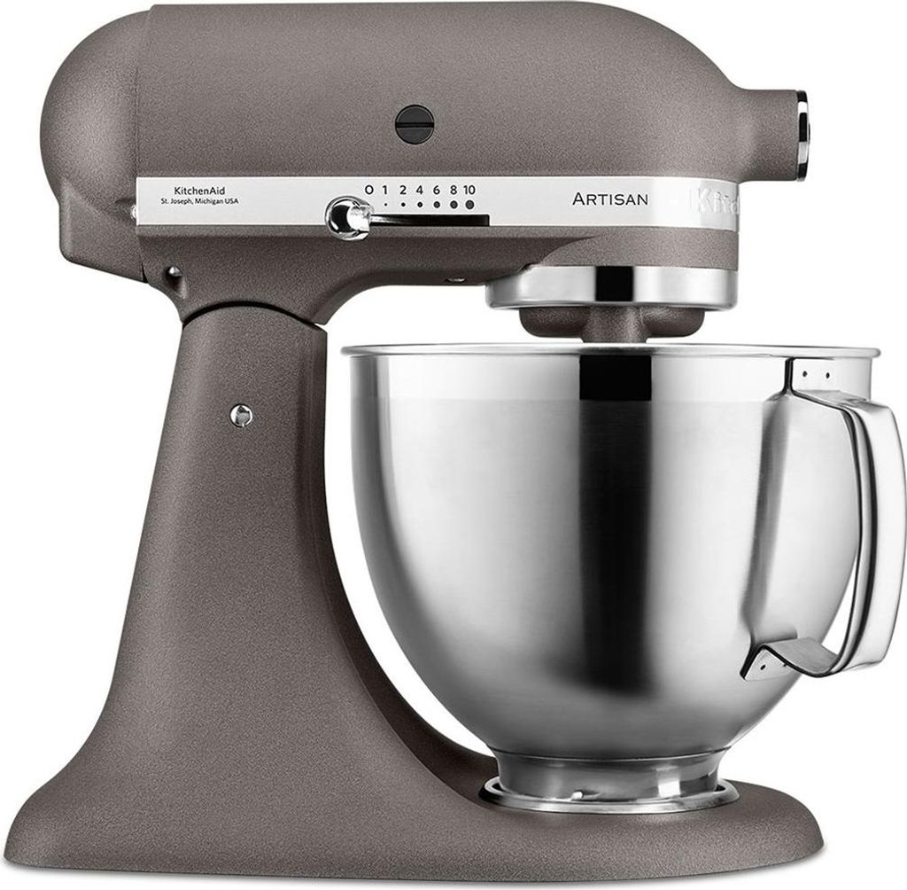 A gray KitchenAid Artisan stand mixer with a silver bowl is shown against a white background.