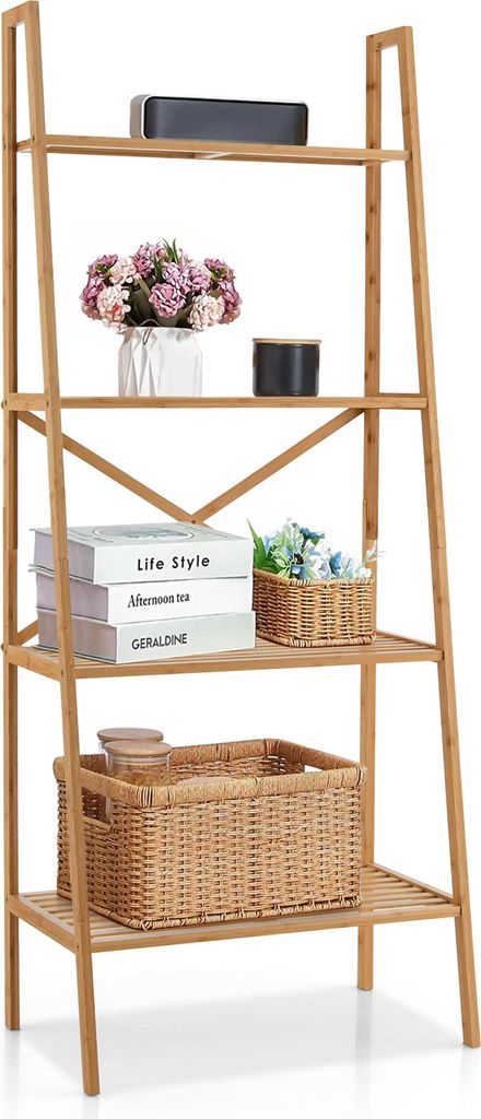A four-tier bamboo ladder shelf displaying decorative items and books.