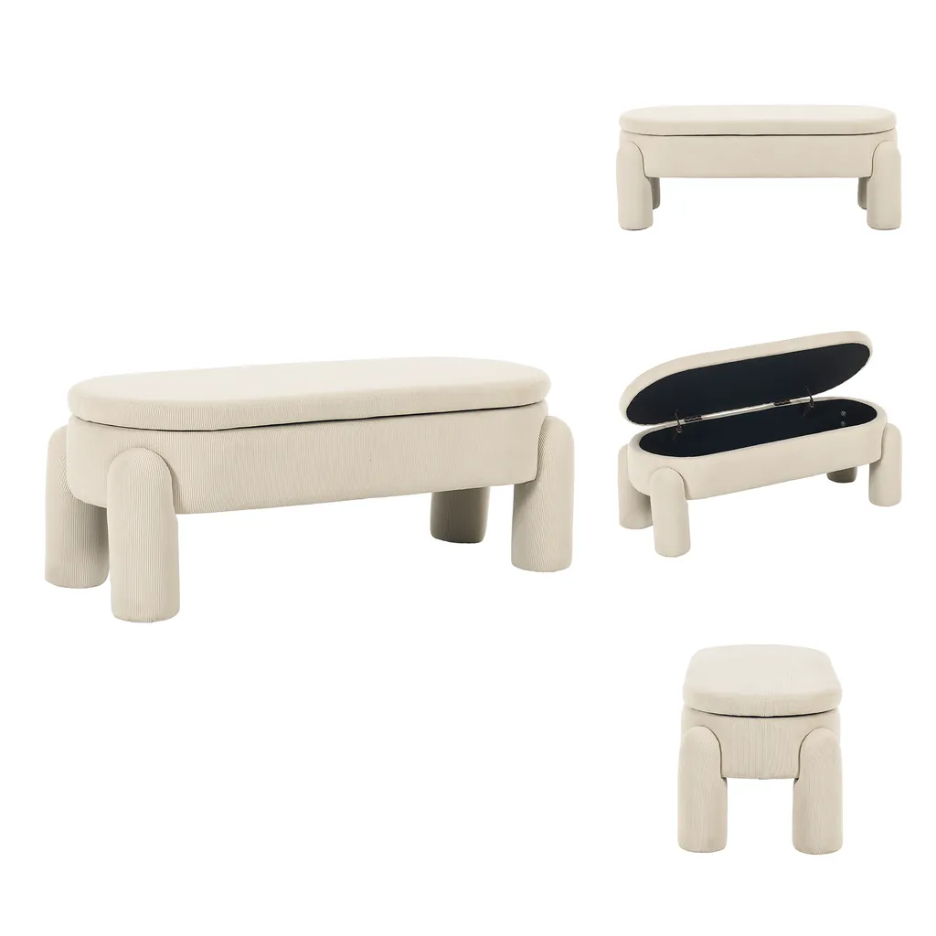 Banc rembourré 112cm en velours côtelé beige avec coffre de stockage