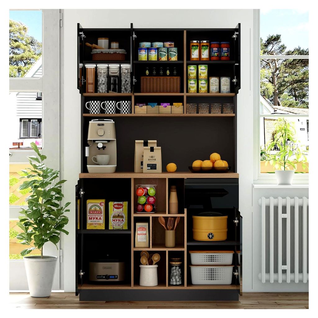 105×45×185cm, moderner Küchenschrank, Buffet, Sideboard, Grau und Schwarz, Metallgriffe, verstellbare Regale, Schubladen, offener Stauraum, Kipp...