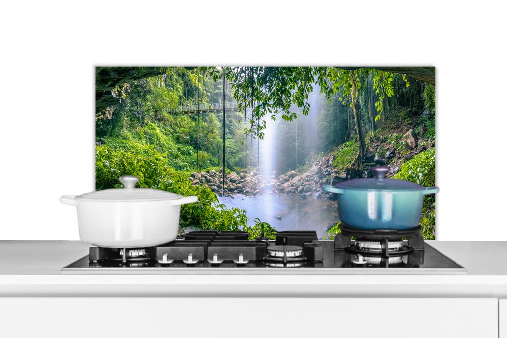 KitchenYeah Spritzschutz Küche - Küchenrückwand - Wandschutz für Herd und Spüle - Dschungel - Regenwald - Wasser - Wasserfall - Pflanzen 90x...