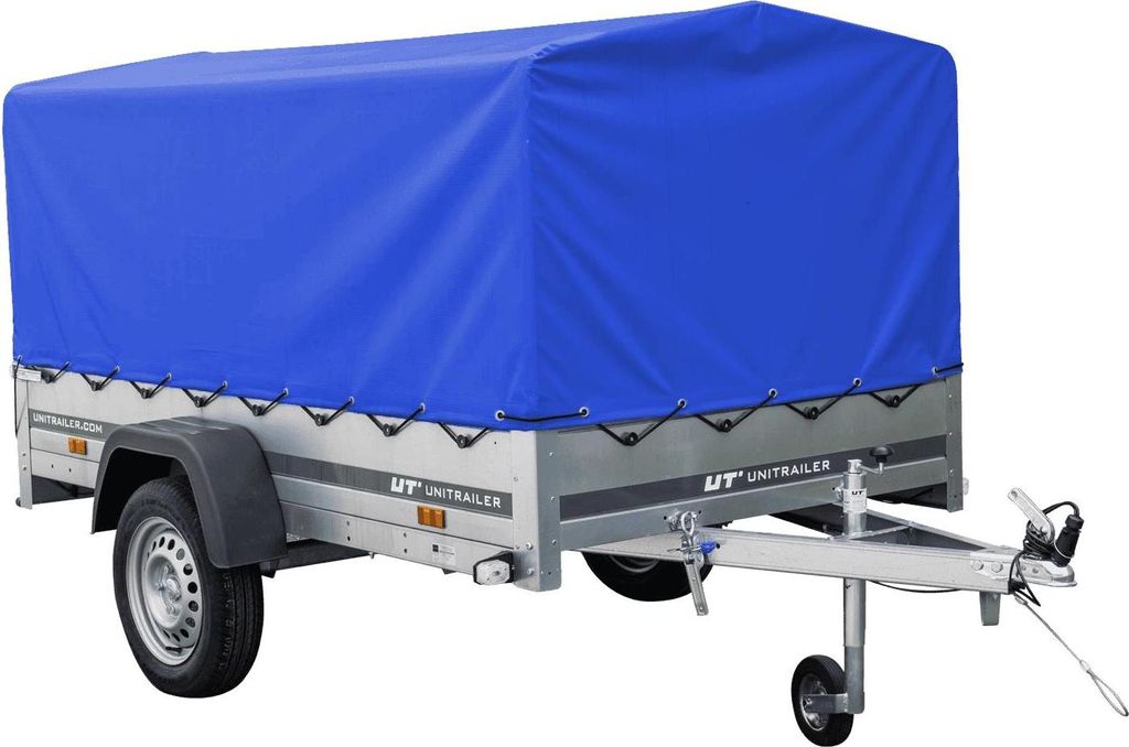 Einachsanhänger mit Blattfedern 230x125 UNITRAILER GARDEN 230/R KIPP mit H-800-Rahmen und blauer Plane