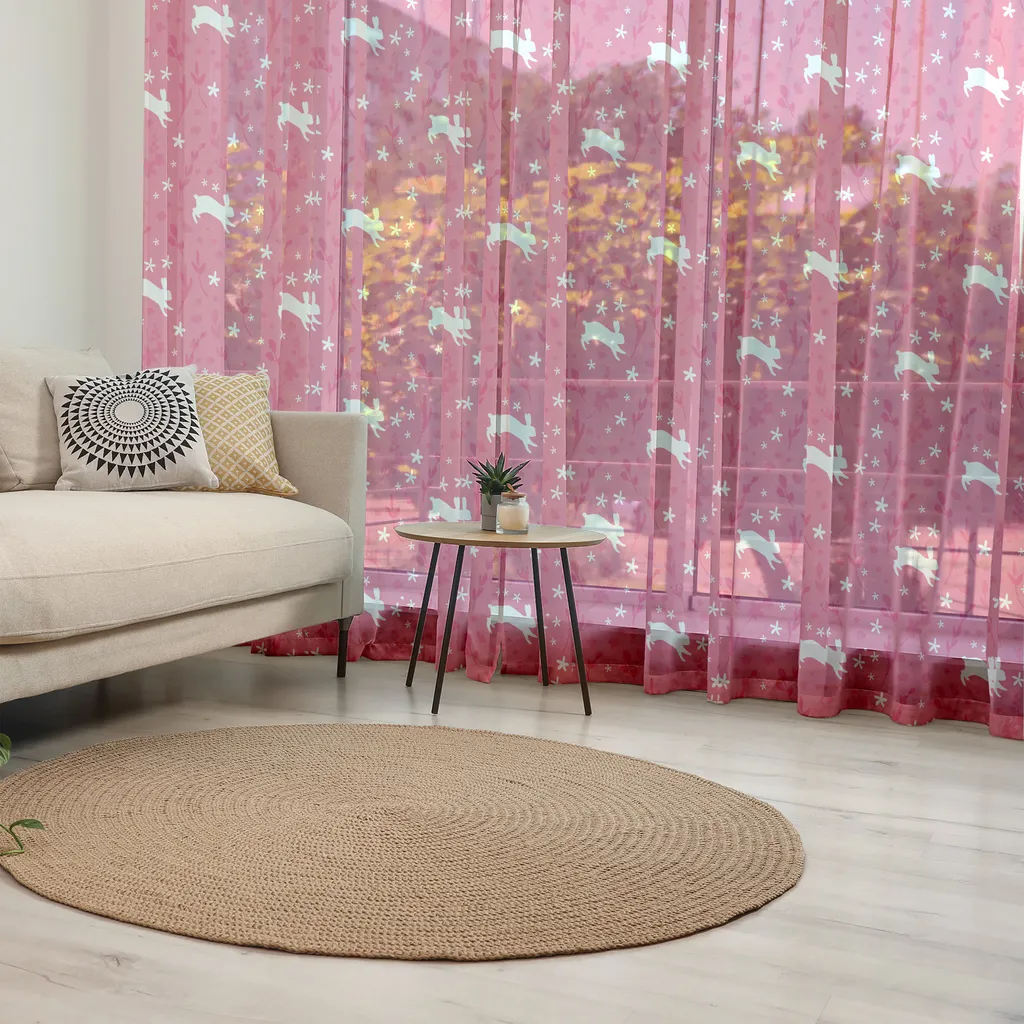ABAKUHAUS Arazzo infantile, Simpatici coniglietti che saltellano tra fiori, campi e prati Coniglietti primaverili Animali Arte pastello, Soggiorno Camera da letto Arazzo in raso setoso, 220 cm x 274 cm, Rosa e bianco - 3